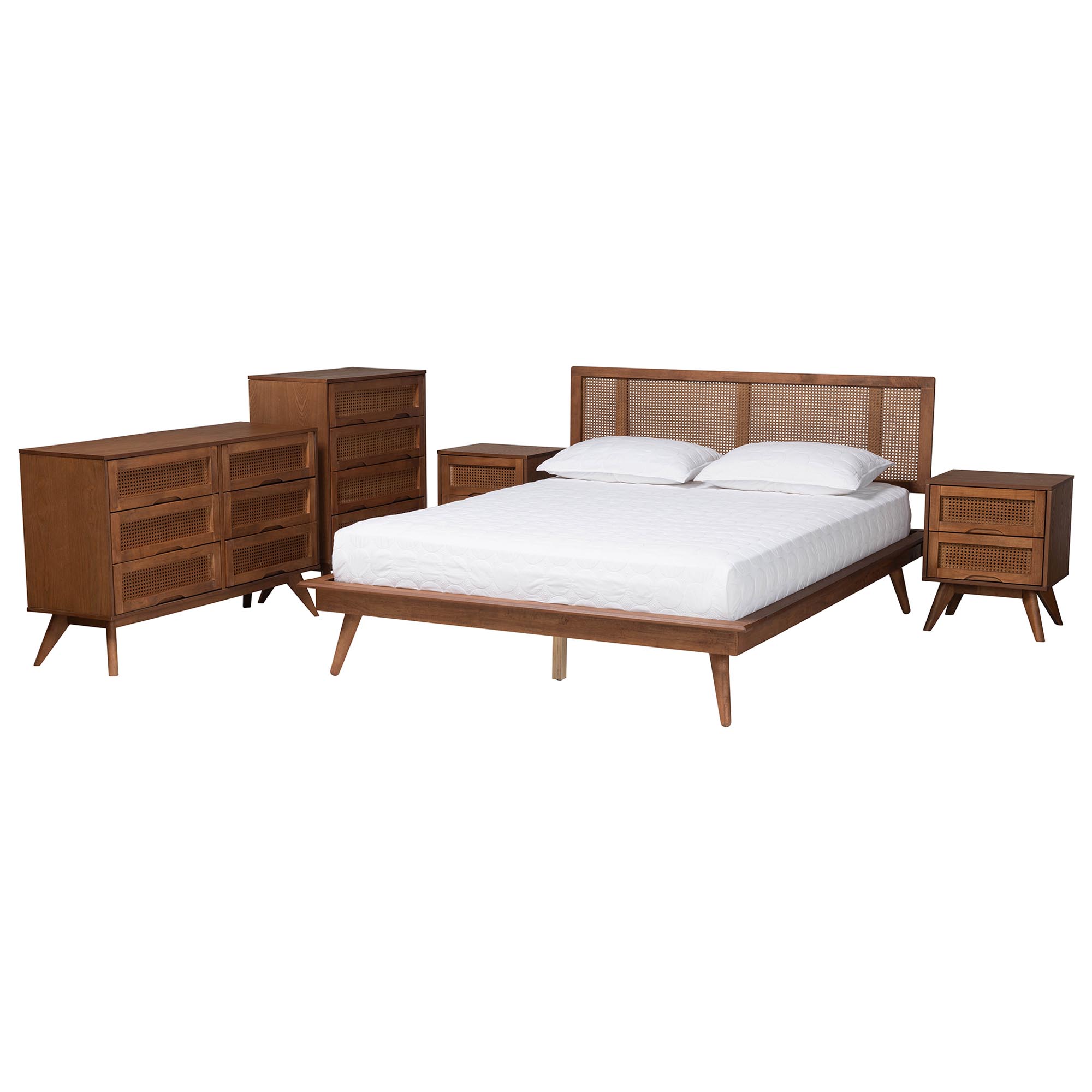 Baxton Studio Nura Mid-Century Modern Walnut Brown Finished Wood and Rattan Full Size 5-Piece Bedroom Set